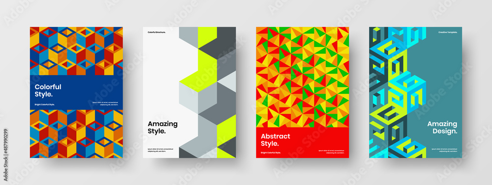 Vivid geometric pattern magazine cover layout set. Bright brochure vector design template collection. Vivid geometric pattern magazine cover layout set. Bright brochure vector design template collection.