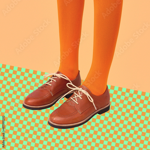 Contemporary digital collage art. Retro classic shoes unrecognizable feet in stylish isometry. Vintage concept