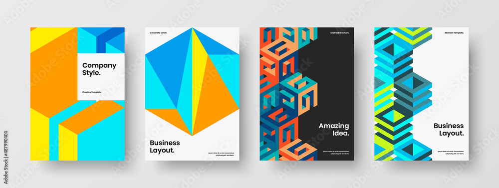Multicolored front page design vector concept set. Bright geometric tiles magazine cover template collection.