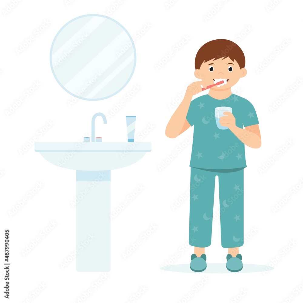 Little boy in pajamas brushing teeth with toothpaste before bedtime. Child with toothbrush and glass in hand. Oral hygiene. Vector illustration Little boy in pajamas brushing teeth with toothpaste before bedtime. Child with toothbrush and glass in hand. Oral hygiene. Vector illustration