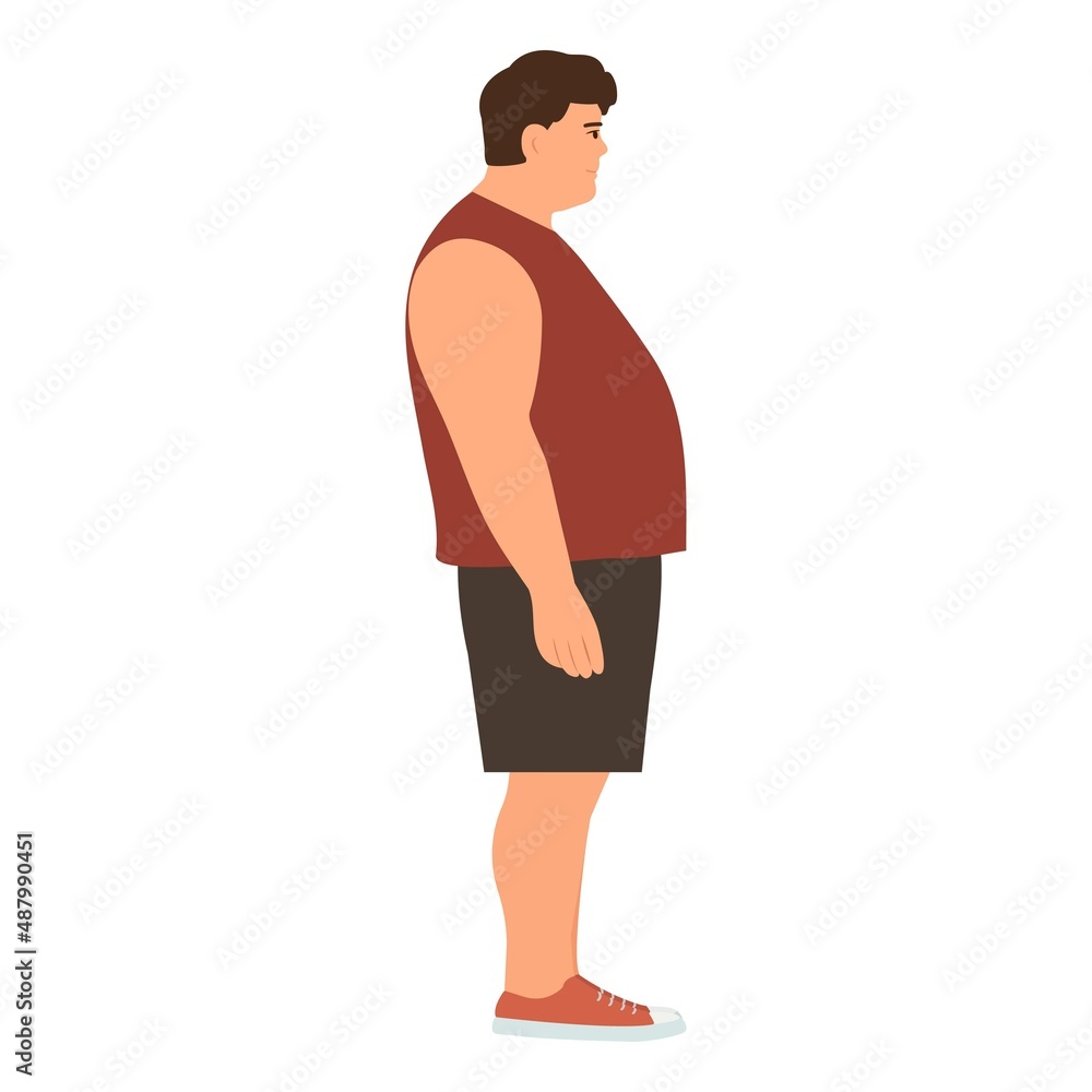 Man in profile with overweight. Problems with excess weight. The concept of bad eating habits, gluttony, obesity and unhealthy eating. Vector illustration Man in profile with overweight. Problems with excess weight. The concept of bad eating habits, gluttony, obesity and unhealthy eating. Vector illustration