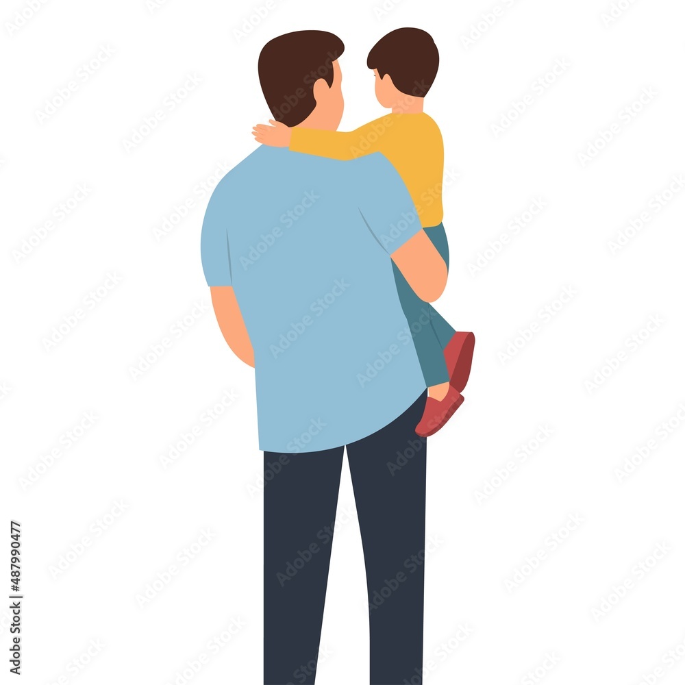 Father  holding  his son in his arms. Happy father's day backside view isolated vector illustration.