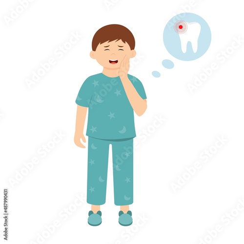 Tooth ache concept.Little boy feeling pain, holding his cheek with hand, suffering from bad toothache. Kid with  painful expression.Caries. Severe tooth pain. Vector illustration in cartoon style 