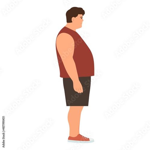 Man in profile with   overweight. Problems with excess weight. The concept of bad eating habits, gluttony, obesity and unhealthy eating. Vector illustration