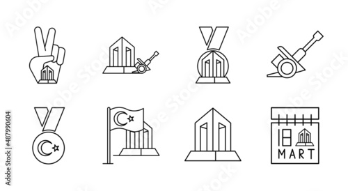 Modern Çanakkale Martyrs' Monument, cannon missile, Turkish flag, medal, etc. icon set. Set of 8 for the day of March 18. Linear and colorful ready-made template. Simple linear vector white background
