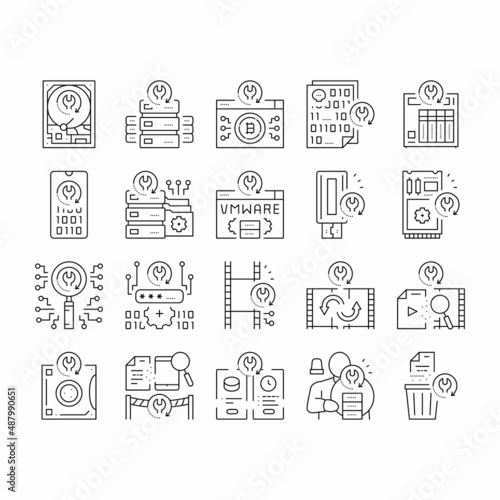 Data Recovery Computer Processing Icons Set Vector .