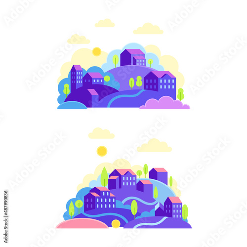 Cityscape or Urban Landscape with Houses, Hills and Trees Vector Set