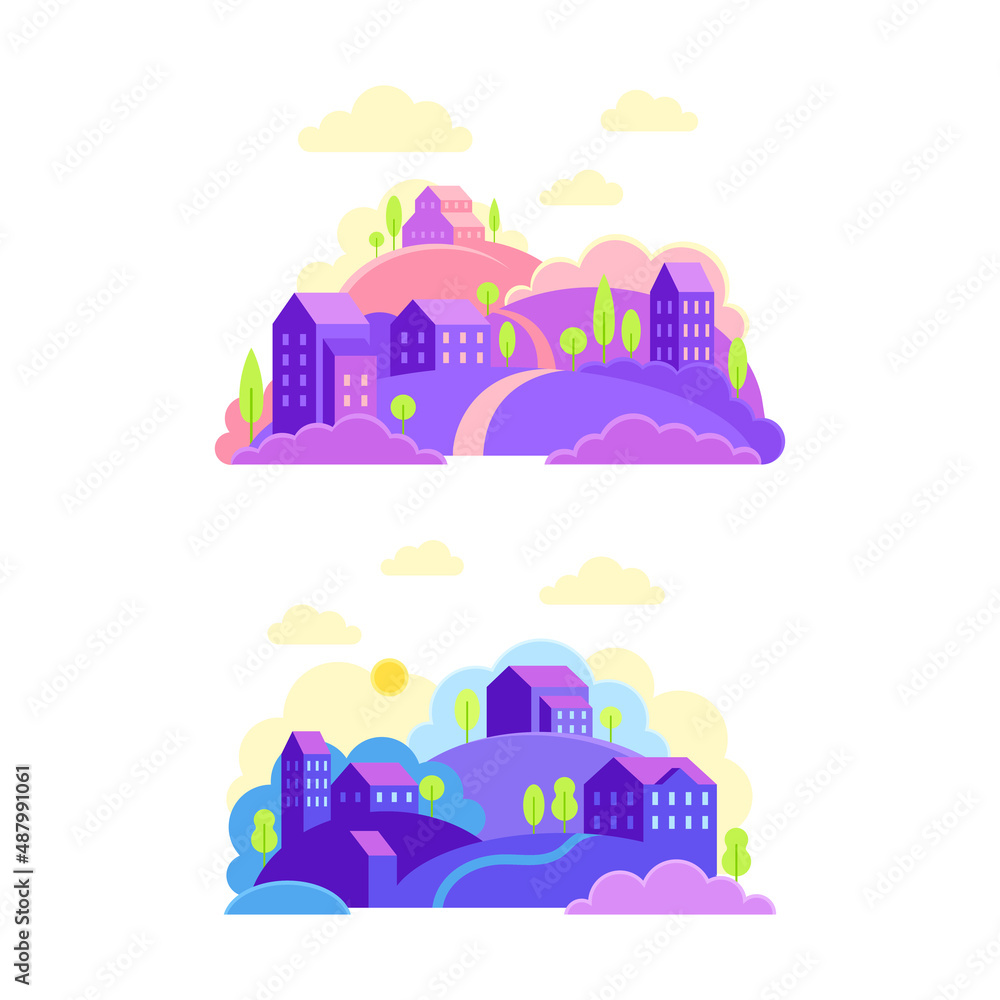 Set of village landscapes with hills, houses and trees in purple and pink colors vector illustration Set of village landscapes with hills, houses and trees in purple and pink colors vector illustration
