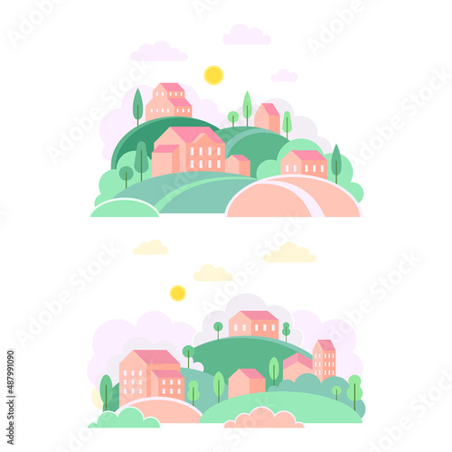 Set of summer countryside landscapes with hills, houses and trees vector illustration