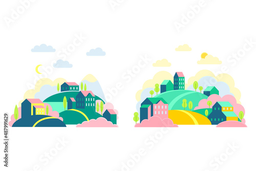 Small town on hills set. Countryside landscape with hills, houses and trees vector illustration