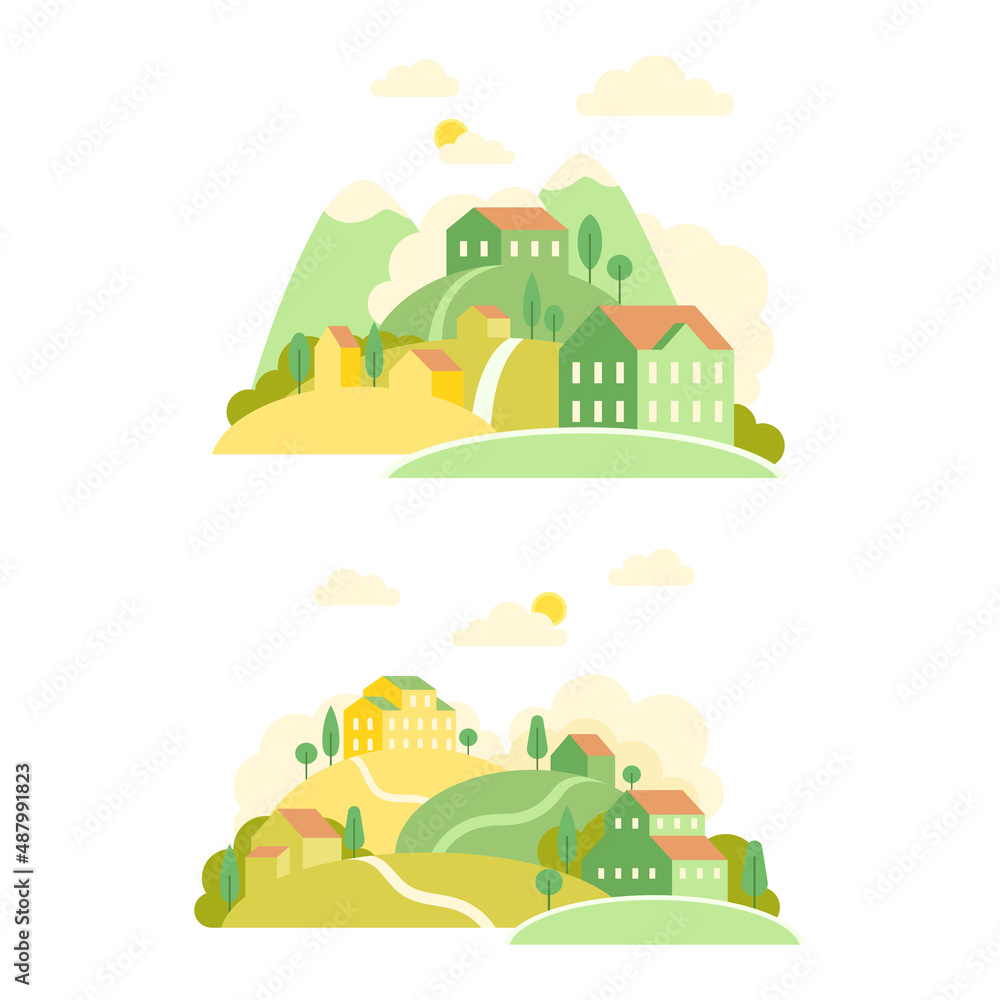 Small town at summer or spring season set. Countryside landscape with green hills, mountains and houses vector illustration