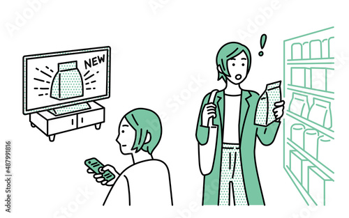ザイオンス効果　単純接触効果　CMで見た商品を手に取る人のイラスト