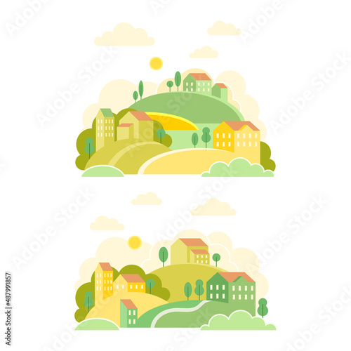 Small town at summer or spring season set. Countryside landscape with green hills  houses and trees vector illustration