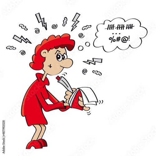 rote frau macht wütend strichliste und notizen in einem roten buch über negative erfahrungen, cartoons, vektor, illustration
