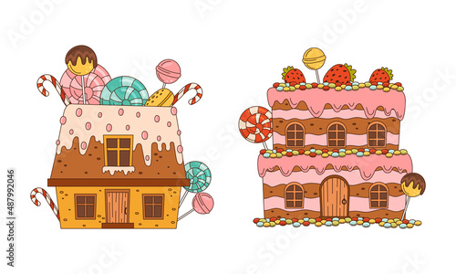 Christmas gingerbread houses decorated with glaze and sweets set cartoon vector illustration
