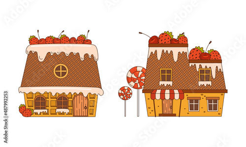Christmas gingerbread houses decorated with glaze, sweets and berries set cartoon vector illustration