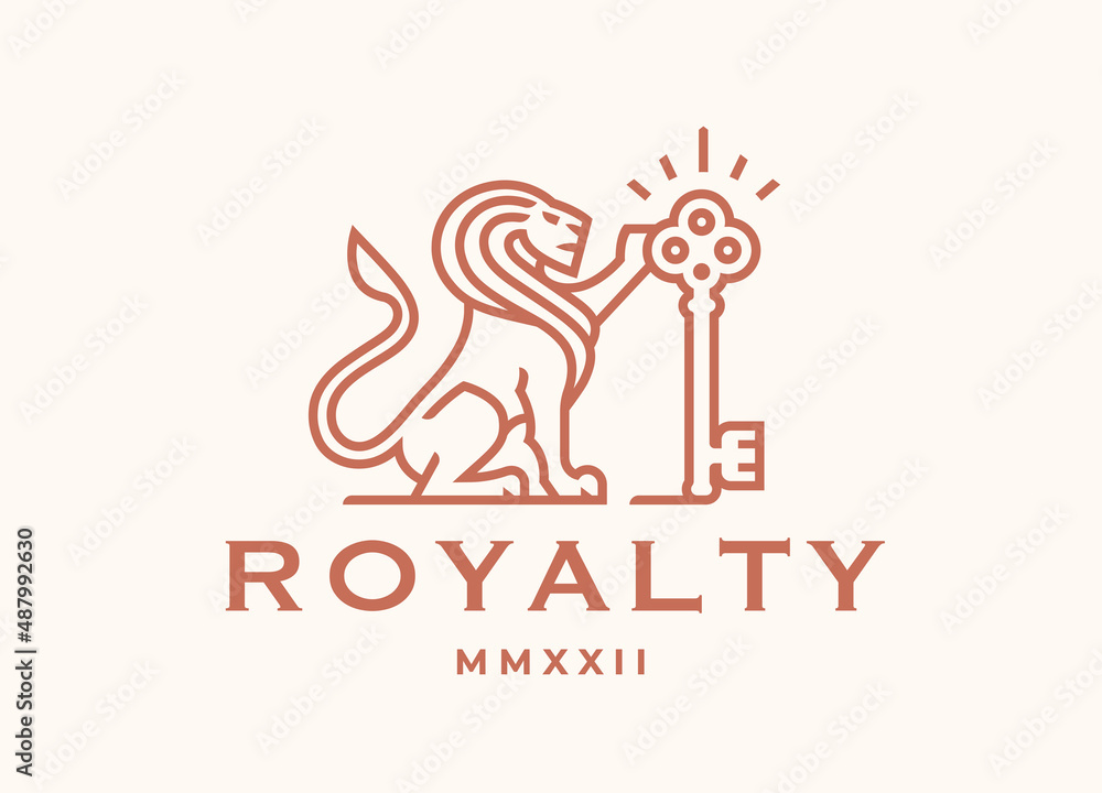 Royal lion key logo. Elegant gold leo line icon. Luxury vintage royalty emblem. Brand identity design element symbol. Vector illustration. Royal lion key logo. Elegant gold leo line icon. Luxury vintage royalty emblem. Brand identity design element symbol. Vector illustration.