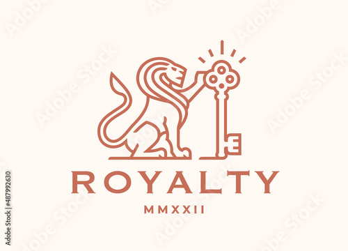 Royal lion key logo. Elegant gold leo line icon. Luxury vintage royalty emblem. Brand identity design element symbol. Vector illustration.