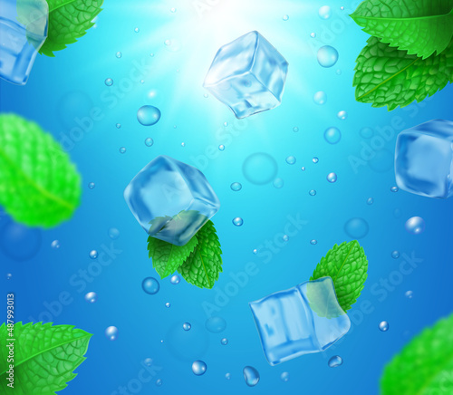Ice cubes with mint leaves backgound. Fresh pepermint in blue water background realistic