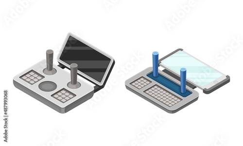 Remote controls for flying copter. Radio controllers for drones isometric vector illustration