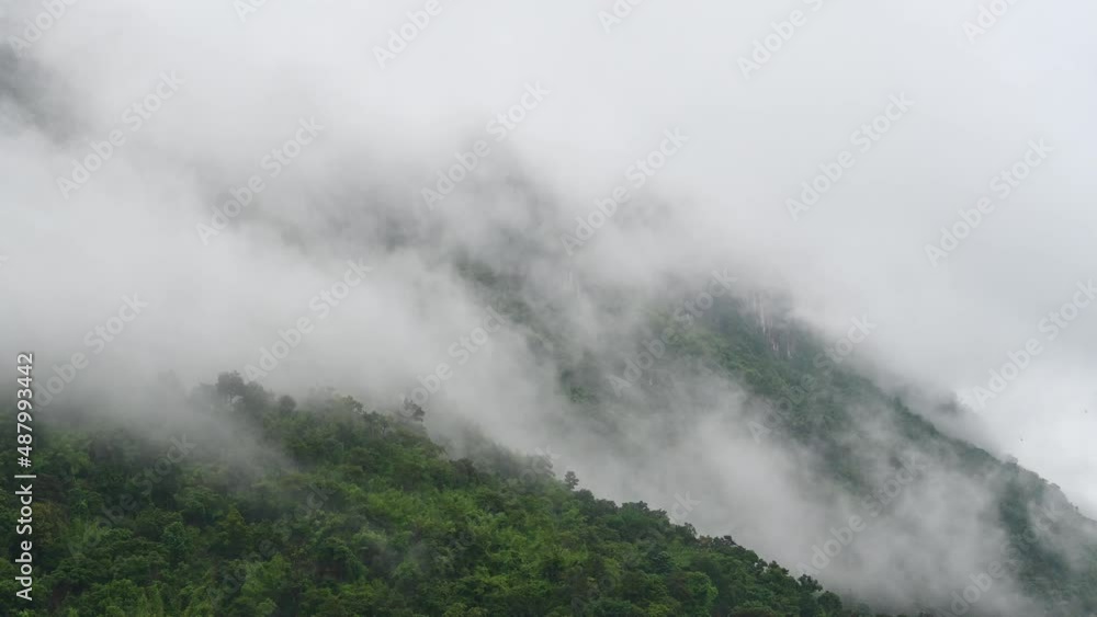 Fog seen moving up at a mountain rainforest during a rainy day in Sai Yok, Kanchanaburi, Thailand. Fog seen moving up at a mountain rainforest during a rainy day in Sai Yok, Kanchanaburi, Thailand.