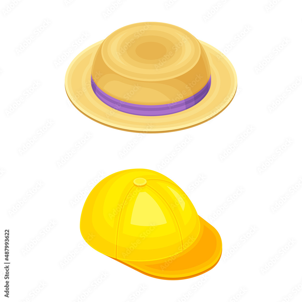 Fototapeta premium Straw hat and hard hat worker safety helmet isometric vector illustration