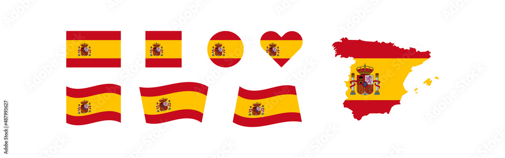 Naklejka premium Spain flag and map icon set different shaped. Europe isolated vector