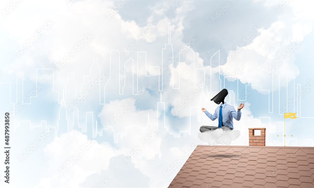 Concept of security and privacy protection with camera headed man meditating Concept of security and privacy protection with camera headed man meditating
