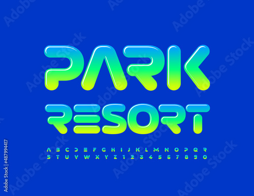 Vector funny emblem Park Resort. Gradient color Font. Unique style Alphabet Letters and Numbers set