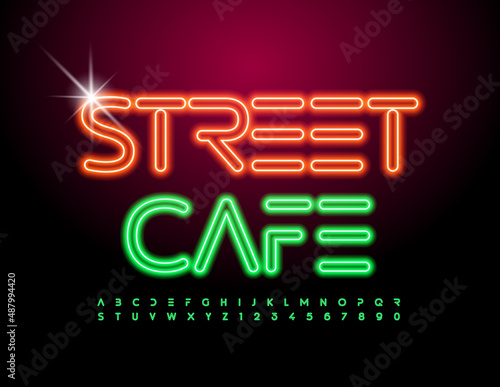 Vector lamp sign Street Cafe. Green Neon Font. Light Tube Alphabet Letters and Numbers set
