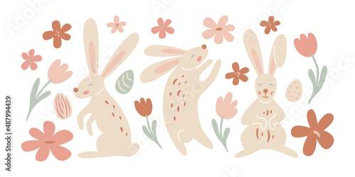 Happy easter. Set of rabbits. Spring cartoon illustration for kids