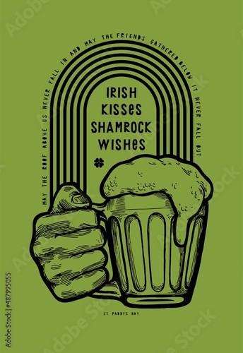 Irish kisses shamrock wishes. Hand with beer rainbow t-shirt print for St.Patrick's day.