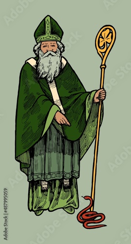 Saint Patrick Irish apostle full figure with staff and a snake. Vintage isolated St. Patrick's day person vector illustration.
