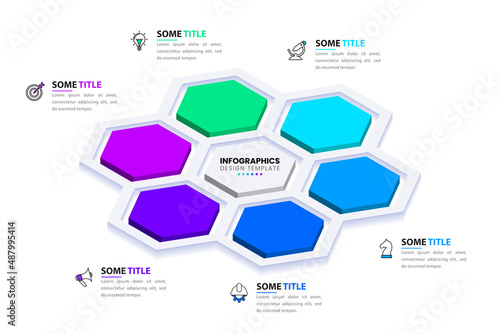 Infographic template with icons and 6 options or steps. Hexagon