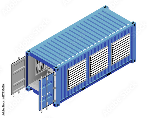 Blue cargo container or shipping container. Crtypo mining farm container concept vector illustration