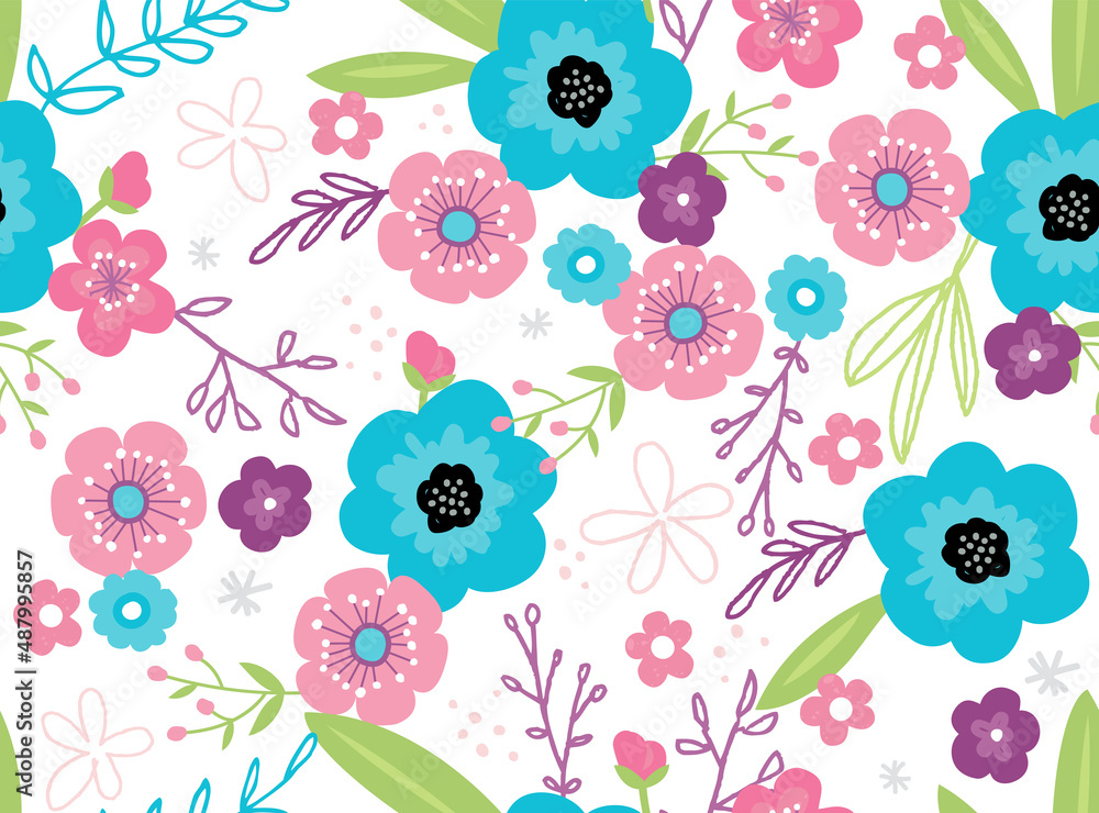 Fun seamless floral pattern in a bright, trendy color scheme. A modern twist on a liberty floral print.