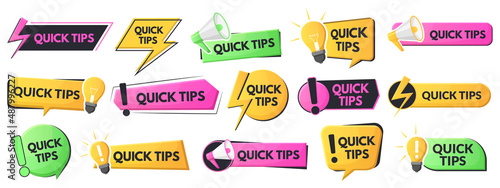 Quick tips, tricks and solutions logos, helpful advice emblems. Useful idea, problem solution and suggestions logos vector illustration set. Helpful tricks speech bubbles