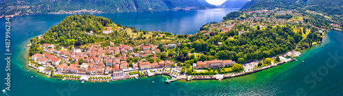 Belaggio. Town of Belaggio on Como Lake idyllic landscape aerial panoramic view