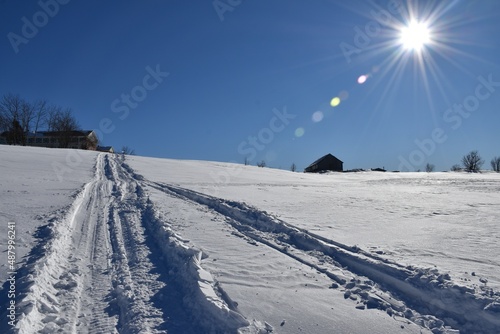 A snowmobile trail under a blue sky, Sainte-Apolline, Québec, Canada © Claude Laprise