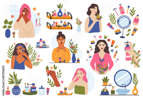 Skincare routine, women use organic beauty cosmetic products. Women self care routine, cleansing and moisturising vector illustration set. Female beauty procedures