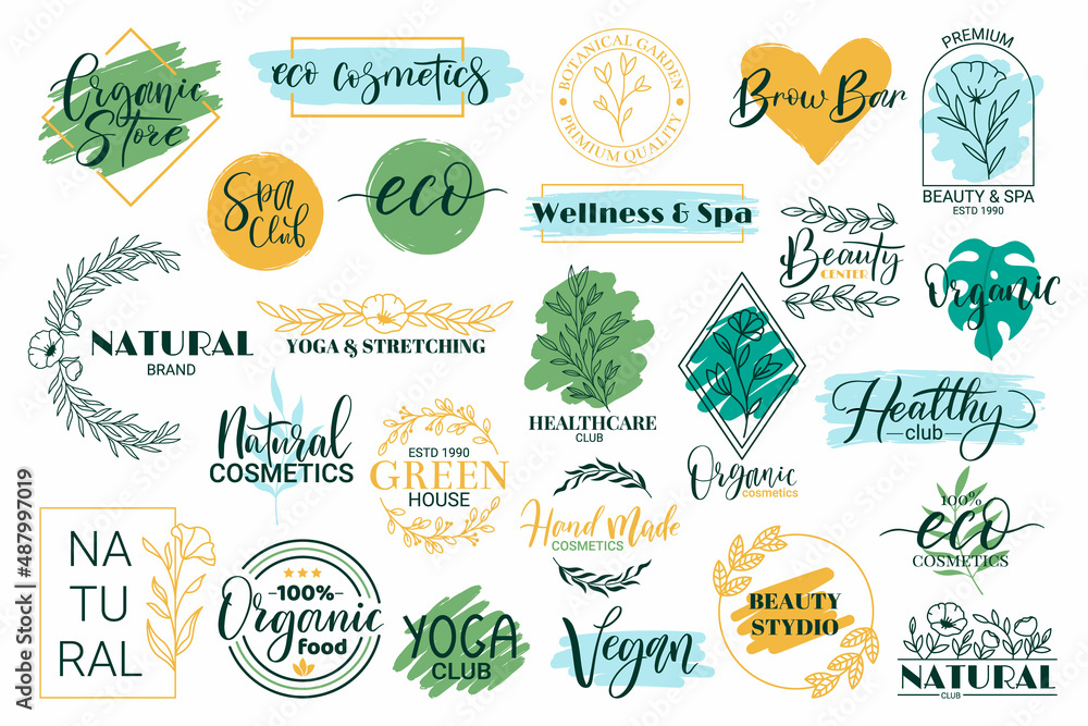 Healthy, beauty, spa and yoga lettering quotes. Hand drawn logos for organic cosmetics products vector illustration set. Spa and wellness lettering elements