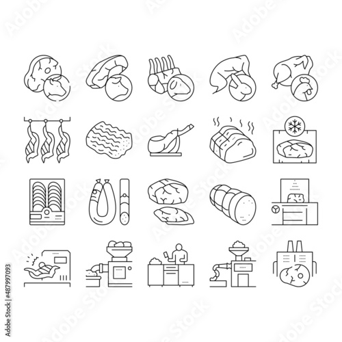 Meat Factory Product Collection Icons Set Vector .