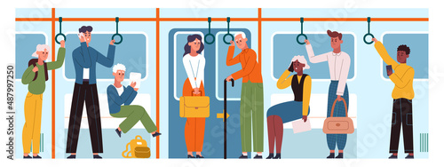 Public transport, subway passengers in underground metro train. City transportation passengers inside subway train vector illustration set. Urban public transportation