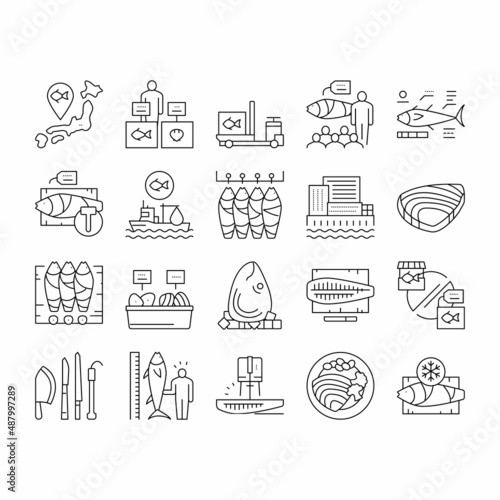 Tuna Auction Tsukiji Market Collection Icons Set Vector .