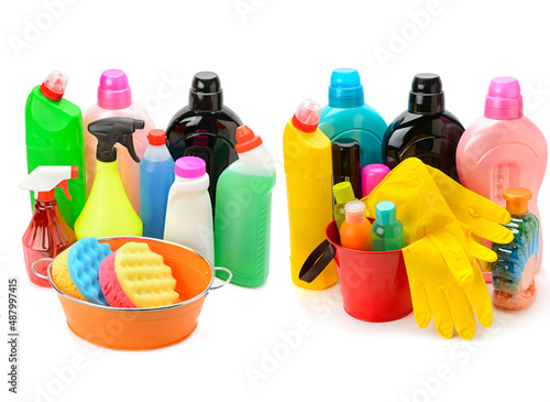 Collection of various household cleaning products isolated on a white. Collage.