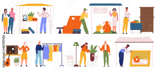 Flea market, people sell clothes and furniture on garage sale. Second hand store, characters sell plants and vintage goods vector illustration set. Street garage sale