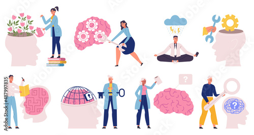 Mental health, cognitive brain support, stress therapy. Emotional disorder and medical therapy vector illustration set. Doctor help with anxiety issues