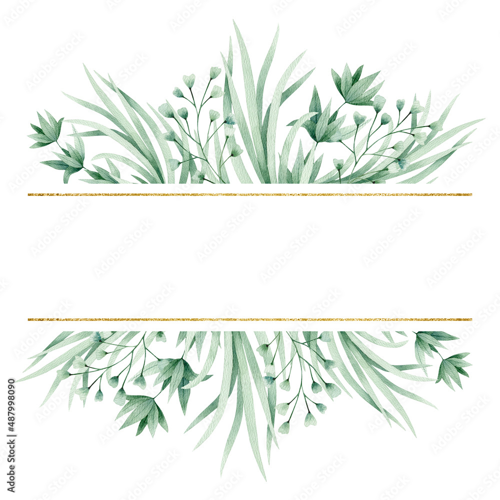 Watercolor illustration card green branches grass and gold  frame. Isolated on white background. Hand drawn clipart. Perfect for card, postcard, tags, invitation, printing, wrapping.