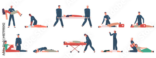 First aid procedures, emergency paramedic workers help people. Professional medical staff in uniform helps people vector illustration set. Cpr and heart emergency training