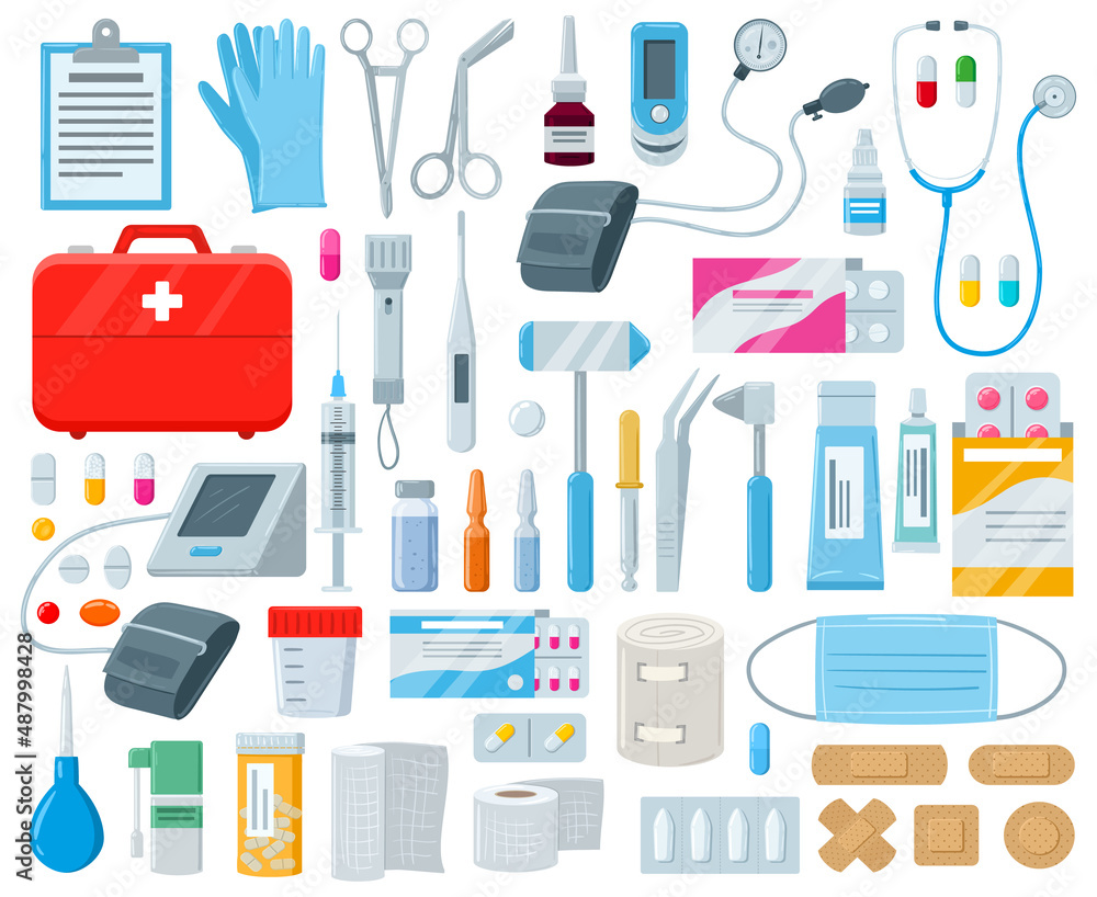 Cartoon first aid kit, medical tools and pharmacy medicines. Medical emergency box with bandage, painkillers and thermometer vector illustration set. First medical help items Cartoon first aid kit, medical tools and pharmacy medicines. Medical emergency box with bandage, painkillers and thermometer vector illustration set. First medical help items